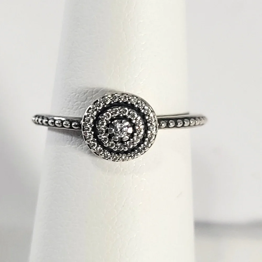 Pandora Radiant Elegance Ring Sterling Silver Women 6 Beaded Halo CZ 190986CZ-52